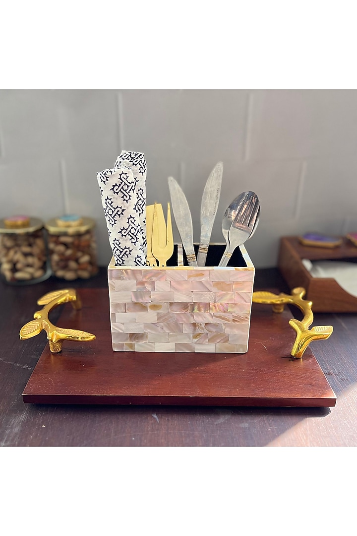 White Mother Of Pearl Cutlery Holder by Home Jewels by Cotton Indya
