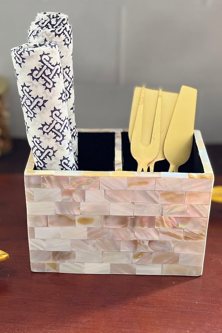 White Mother Of Pearl Cutlery Holder by Home Jewels by Cotton Indya at Pernia's Pop Up Shop