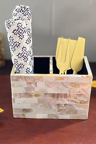 White Mother Of Pearl Cutlery Holder by Home Jewels by Cotton Indya