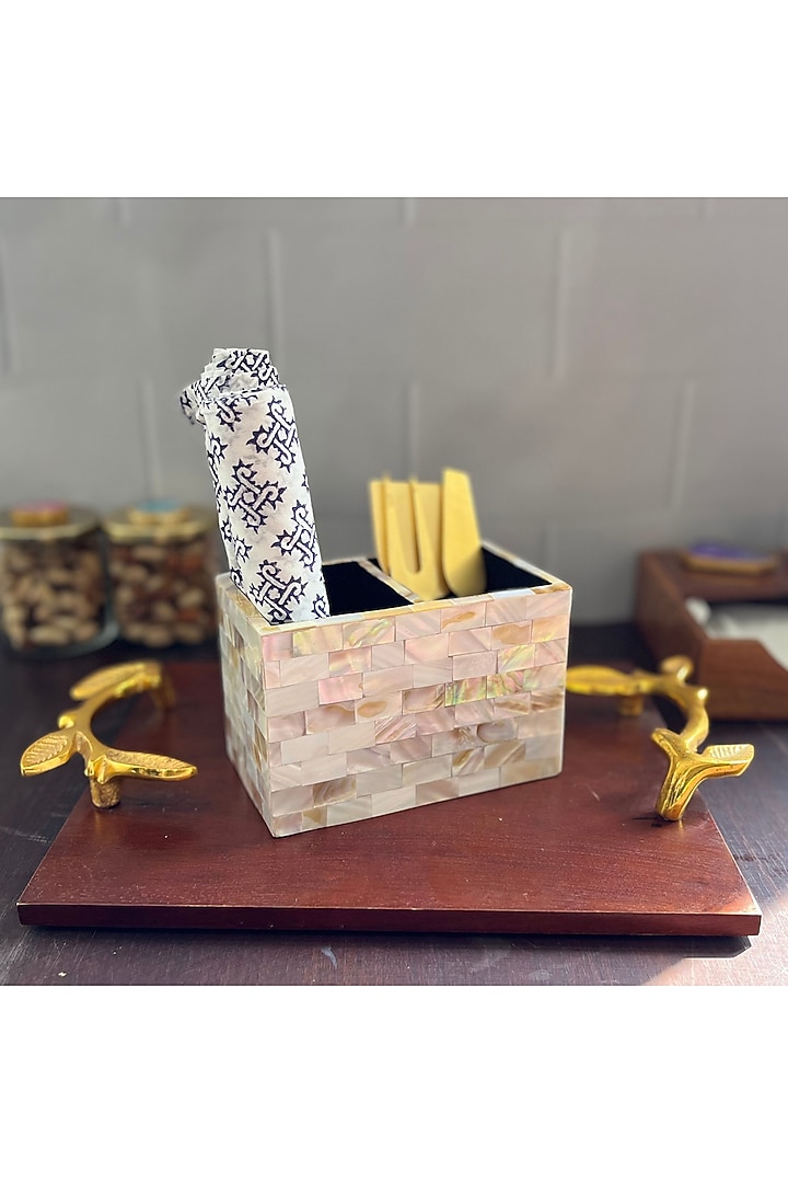 White Mother Of Pearl Cutlery Holder by Home Jewels by Cotton Indya at Pernia's Pop Up Shop
