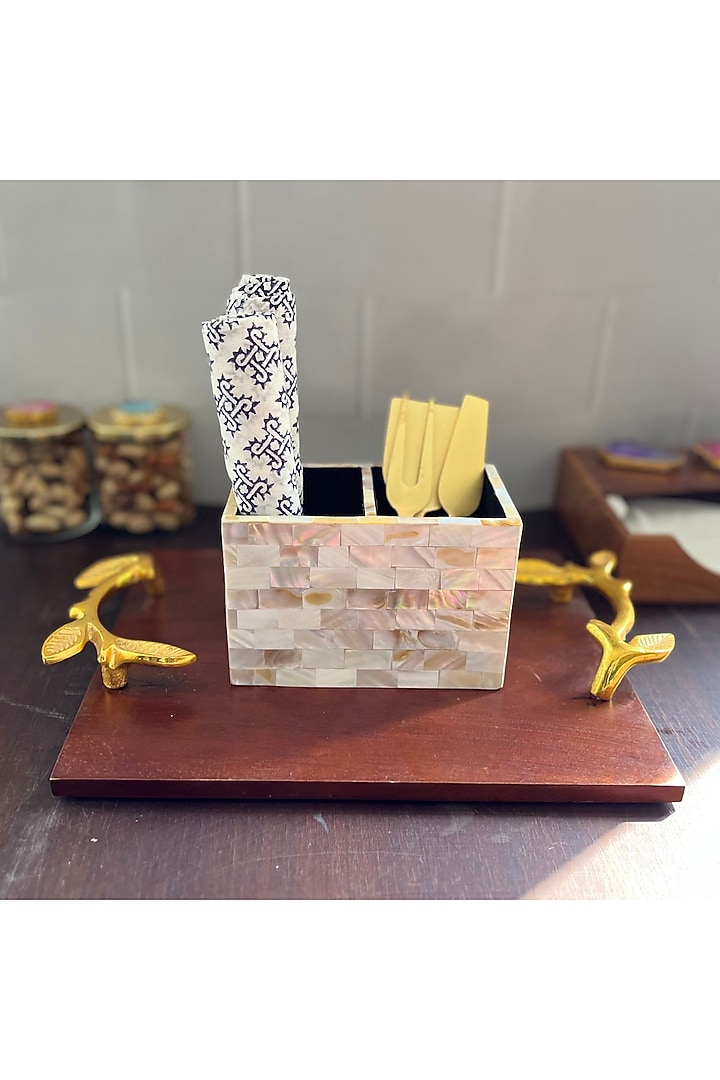 White Mother Of Pearl Cutlery Holder by Home Jewels by Cotton Indya at Pernia's Pop Up Shop