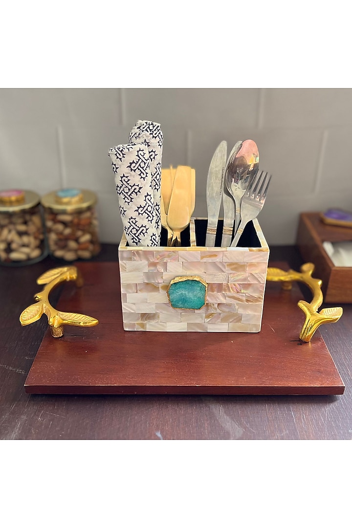 White Mother Of Pearl & Green Agate Cutlery Holder by Home Jewels by Cotton Indya