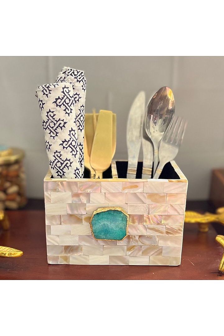 White Mother Of Pearl & Green Agate Cutlery Holder by Home Jewels by Cotton Indya at Pernia's Pop Up Shop