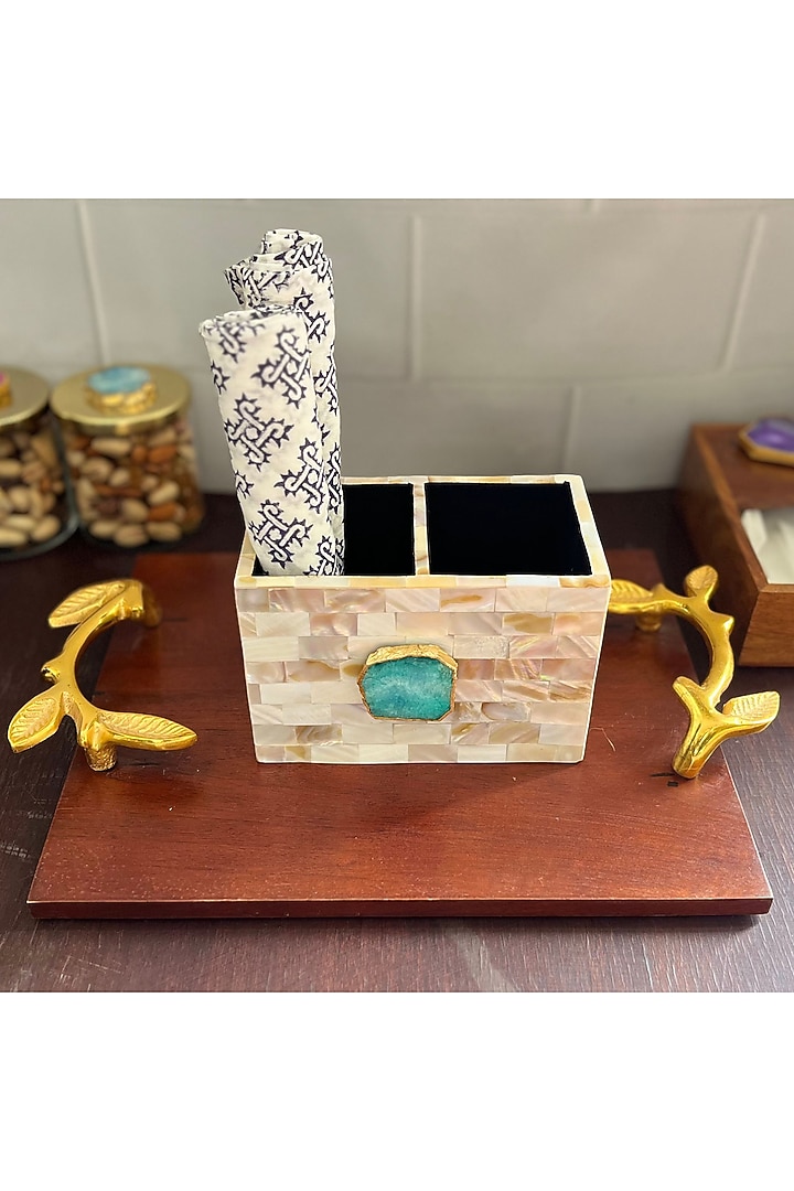 White Mother Of Pearl & Green Agate Cutlery Holder by Home Jewels by Cotton Indya at Pernia's Pop Up Shop