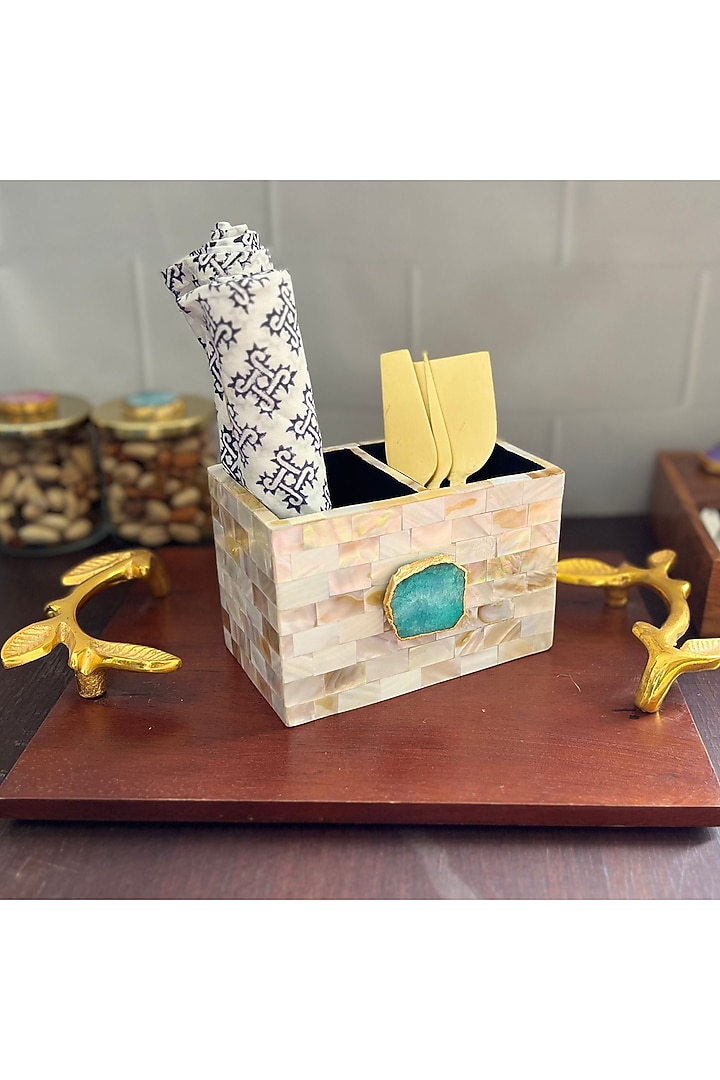 White Mother Of Pearl & Green Agate Cutlery Holder by Home Jewels by Cotton Indya at Pernia's Pop Up Shop