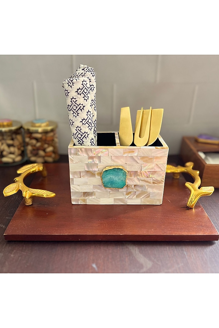 White Mother Of Pearl & Green Agate Cutlery Holder by Home Jewels by Cotton Indya at Pernia's Pop Up Shop