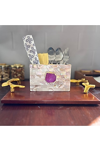 White Mother Of Pearl & Pink Agate Cutlery Holder by Home Jewels by Cotton Indya