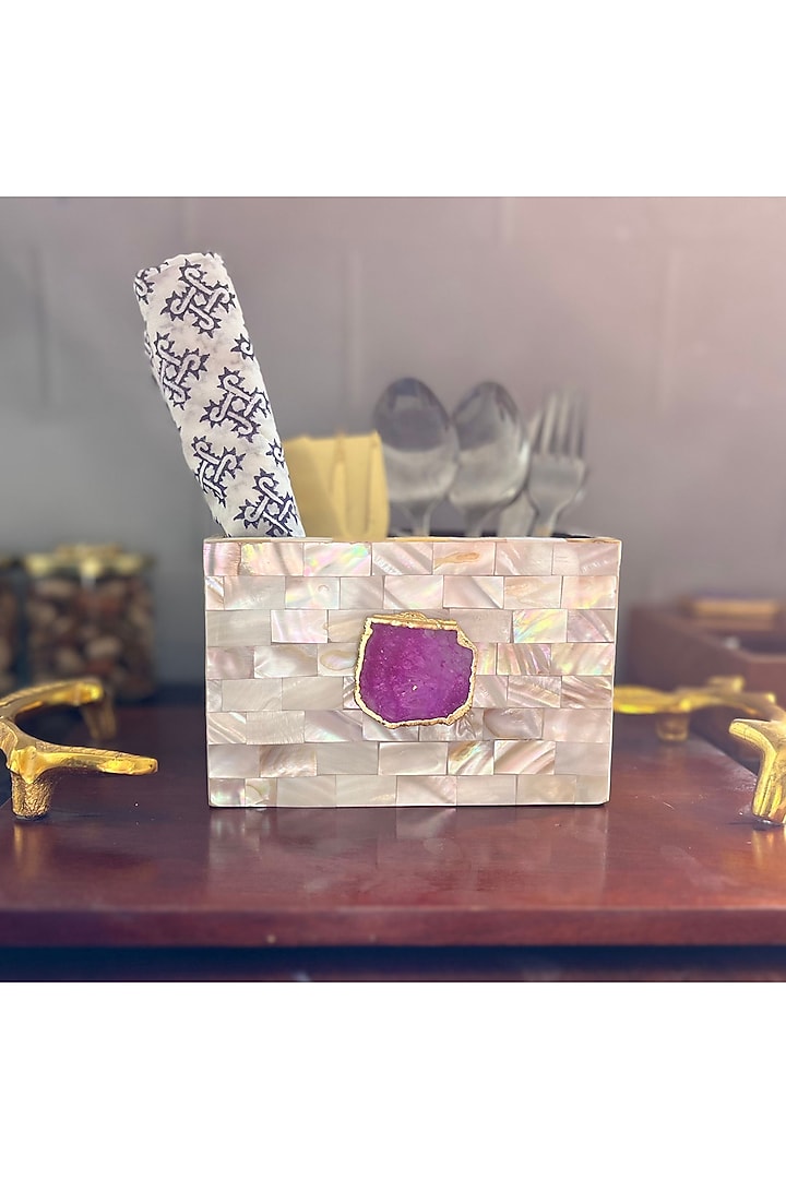 White Mother Of Pearl & Pink Agate Cutlery Holder by Home Jewels by Cotton Indya at Pernia's Pop Up Shop