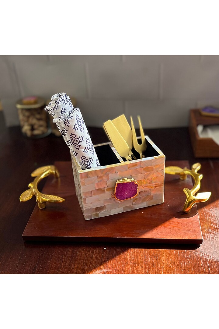 White Mother Of Pearl & Pink Agate Cutlery Holder by Home Jewels by Cotton Indya at Pernia's Pop Up Shop