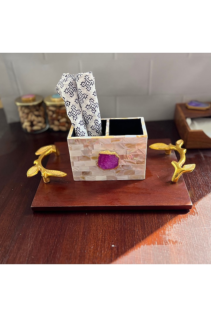 White Mother Of Pearl & Pink Agate Cutlery Holder by Home Jewels by Cotton Indya at Pernia's Pop Up Shop