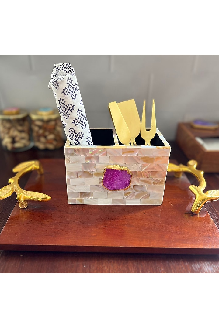 White Mother Of Pearl & Pink Agate Cutlery Holder by Home Jewels by Cotton Indya at Pernia's Pop Up Shop