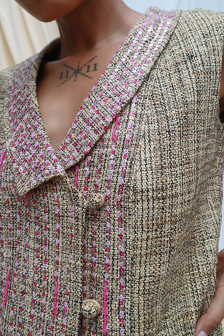 Blush Pink & Khaki Tweed Silk Trench Coat by Couche at Pernia's Pop Up Shop