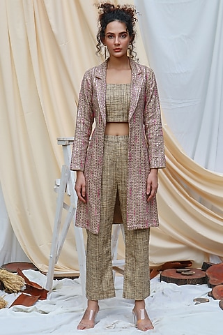 Khaki & Blush Pink Co-Ord Set In Tweed Silk by Couche