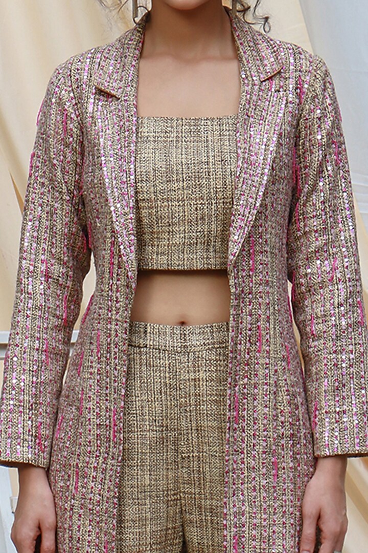 Khaki & Blush Pink Co-Ord Set In Tweed Silk by Couche at Pernia's Pop Up Shop