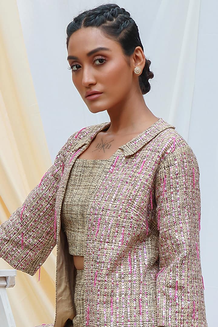 Khaki & Blush Pink Embroidered Co-Ord Set by Couche at Pernia's Pop Up Shop