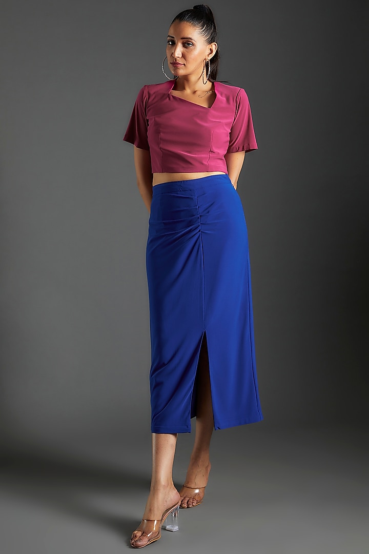 Royal Blue Polyester & Lycra Pleated Skirt Set by Couche