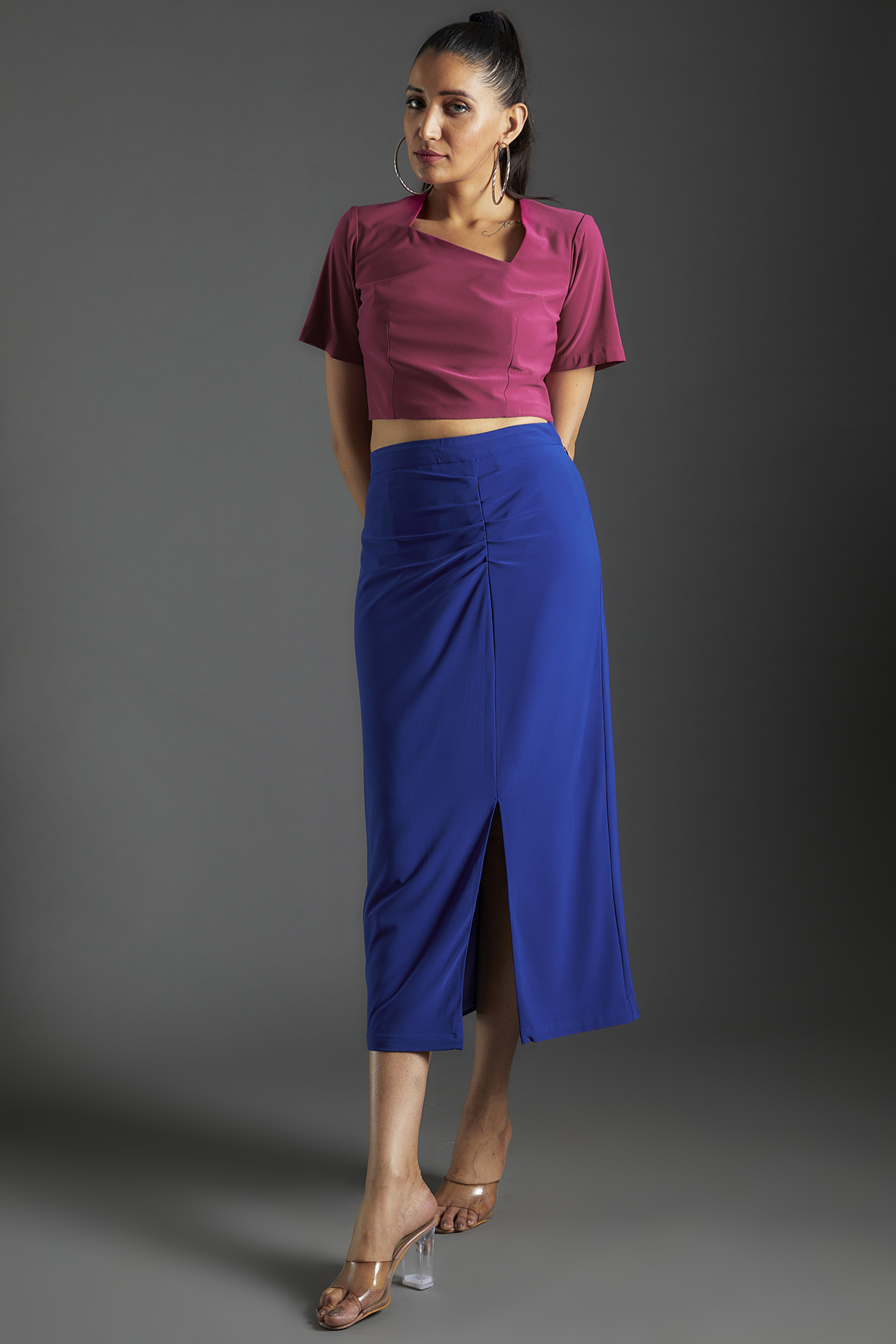 Royal Blue Polyester & Lycra Pleated Skirt Set by Couche