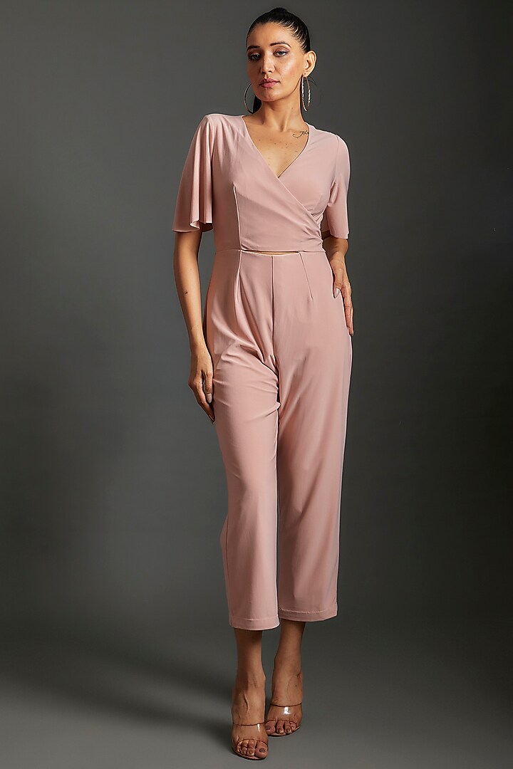 Peach Polyester & Lycra Tie- Up Jumpsuit by Couche