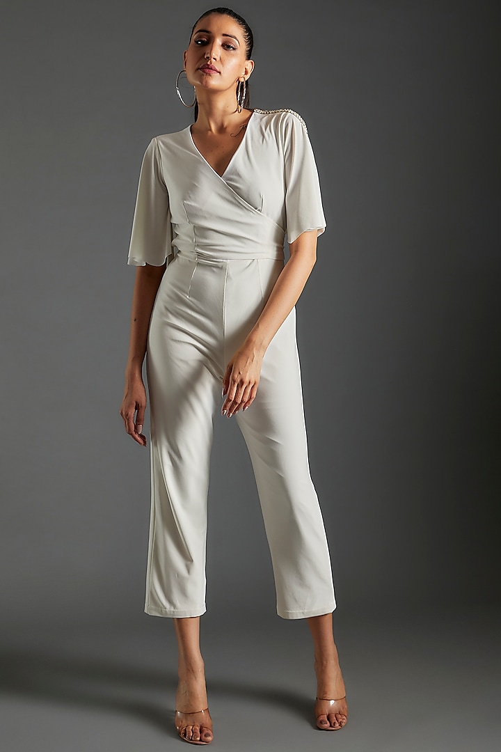 Ivory Polyester & Lycra Tie- up Jumpsuit by Couche