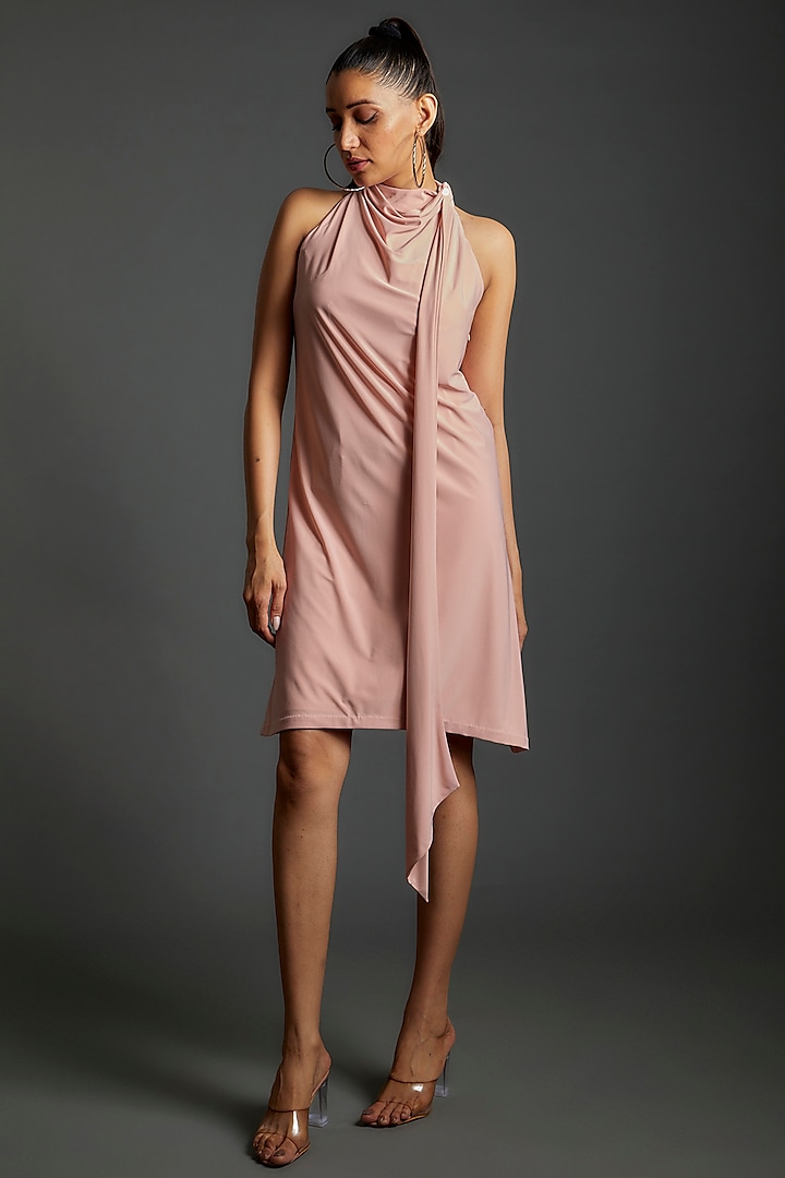 Pink Polyester & Lycra Cowl Dress by Couche