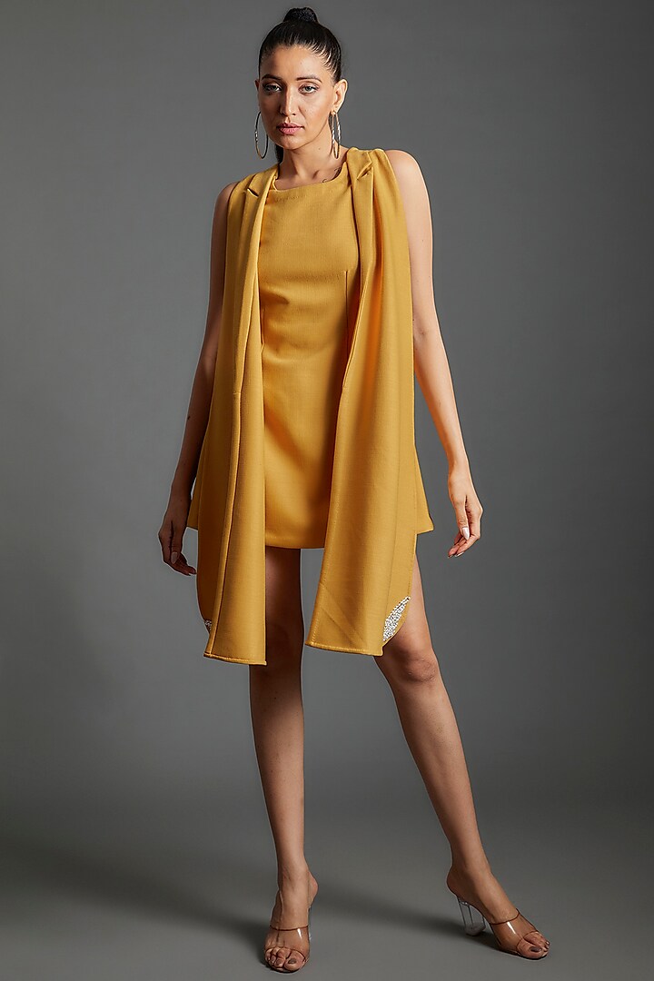 Yellow Polyester & Lycra Mini Dress by Couche