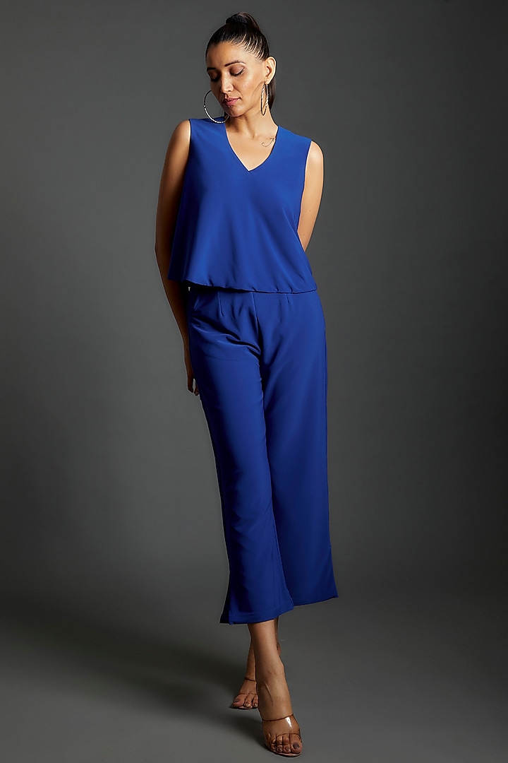 Blue Polyester & Lycra Co-Ord Set by Couche