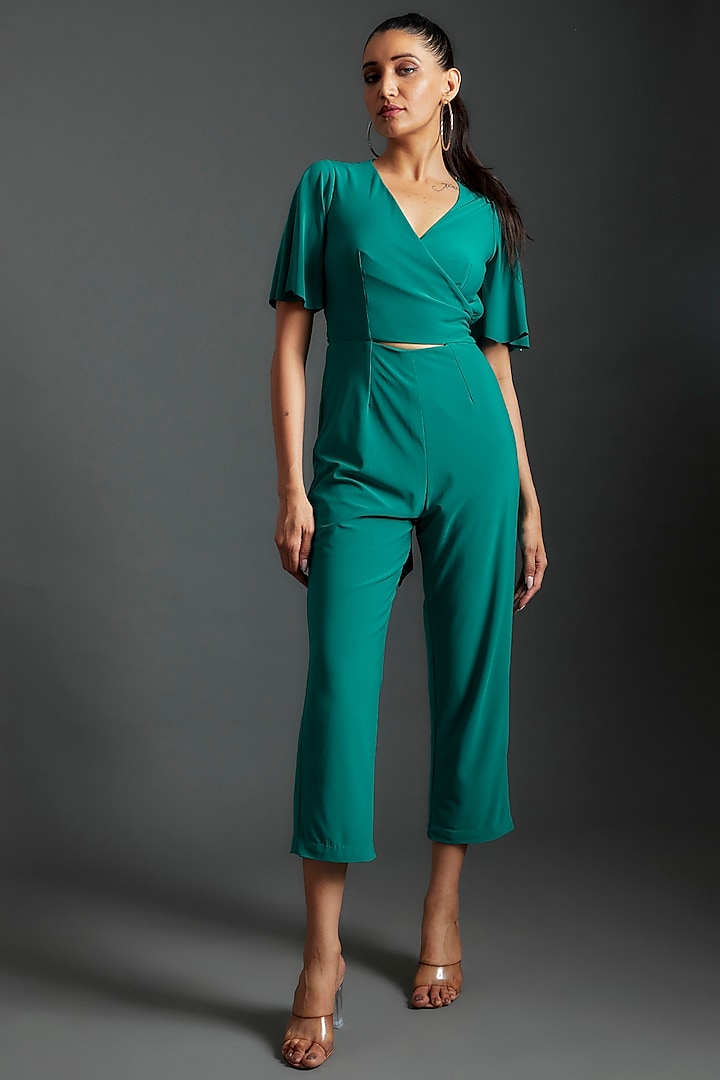 Green Polyester & Lycra Tie- up Jumpsuit by Couche