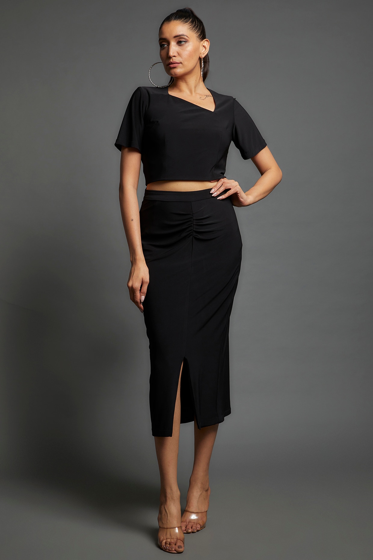 Black Velvet Blouse with High Low Satin Lycra Skirt | Velvet blouses,  Colorful dresses, Black velvet blouse