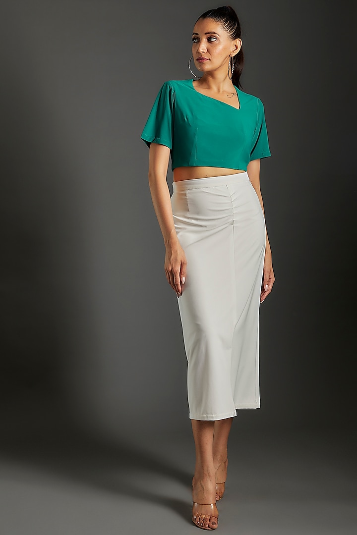 White Polyester & Lycra Pleated Skirt Set by Couche