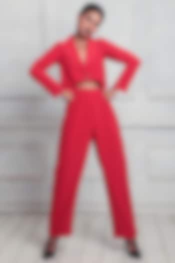 Red Polyester Pleated Pant Set by Couche