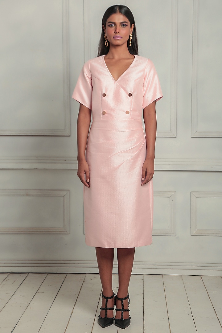 Blush Pink Polyester Pleated Midi Dress by Couche