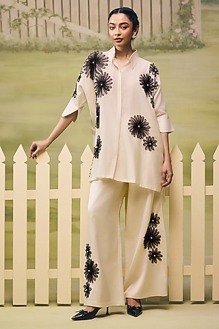 Cream Mul Chanderi Floral Embroidered Co-Ord Set by Couche