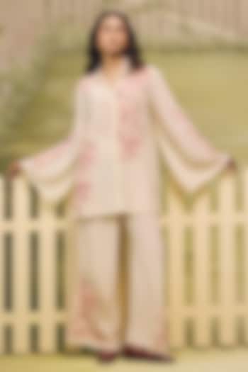 Cream Crepe Floral Thread Embroidered Co-Ord Set by Couche at Pernia's Pop Up Shop