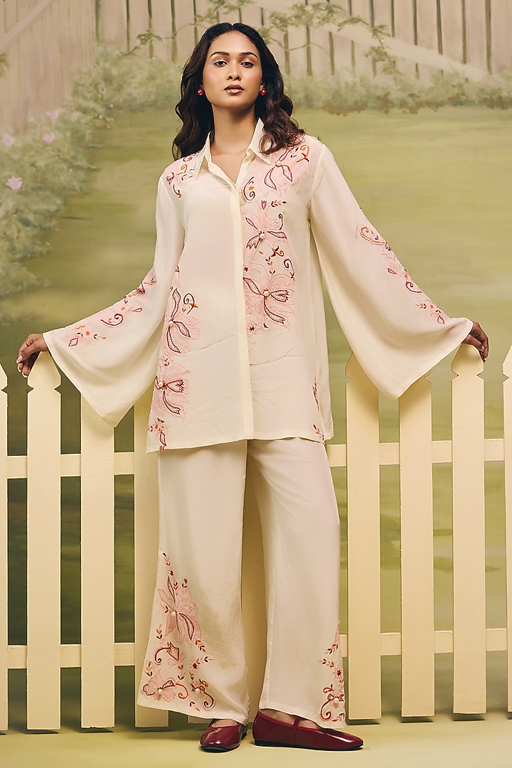 Cream Crepe Floral Thread Embroidered Co-Ord Set by Couche at Pernia's Pop Up Shop