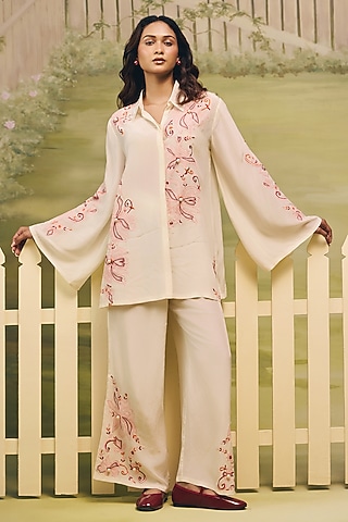 Cream Crepe Floral Thread Embroidered Co-Ord Set by Couche