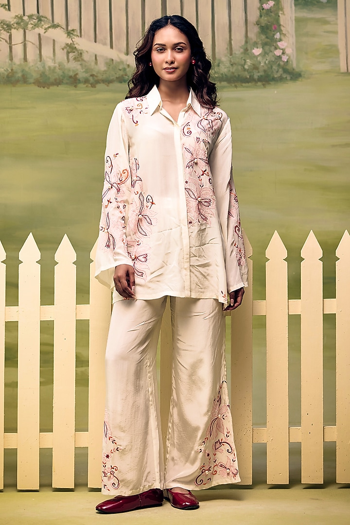 Cream Crepe Floral Thread Embroidered Co-Ord Set by Couche at Pernia's Pop Up Shop