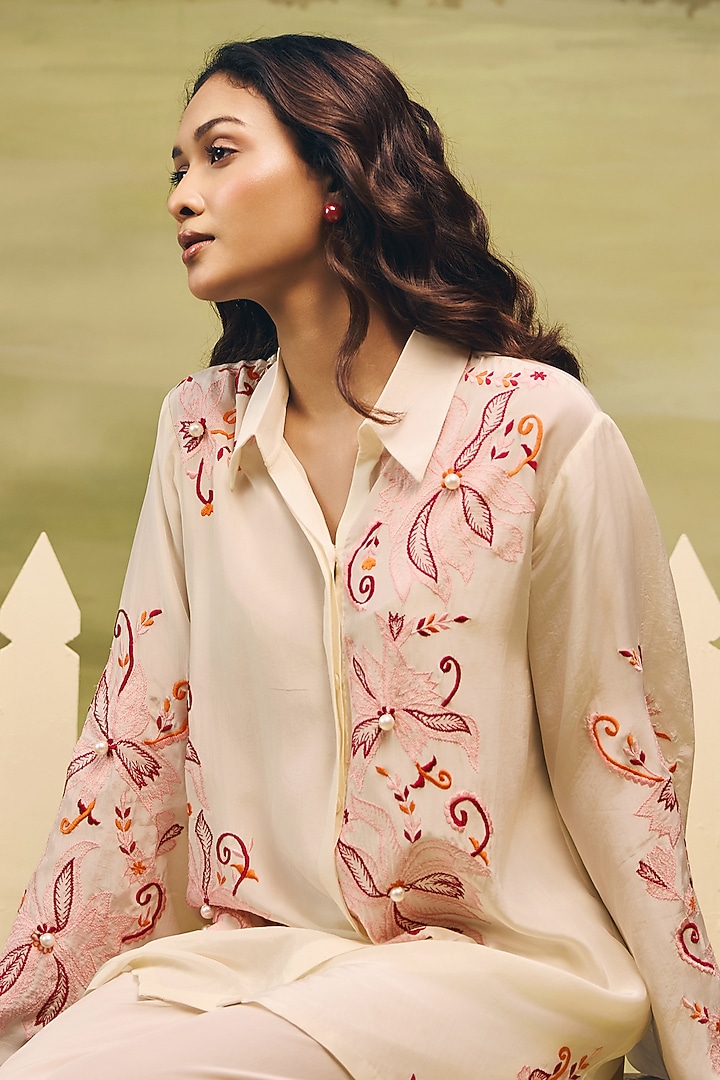 Cream Crepe Floral Thread Embroidered Co-Ord Set by Couche at Pernia's Pop Up Shop