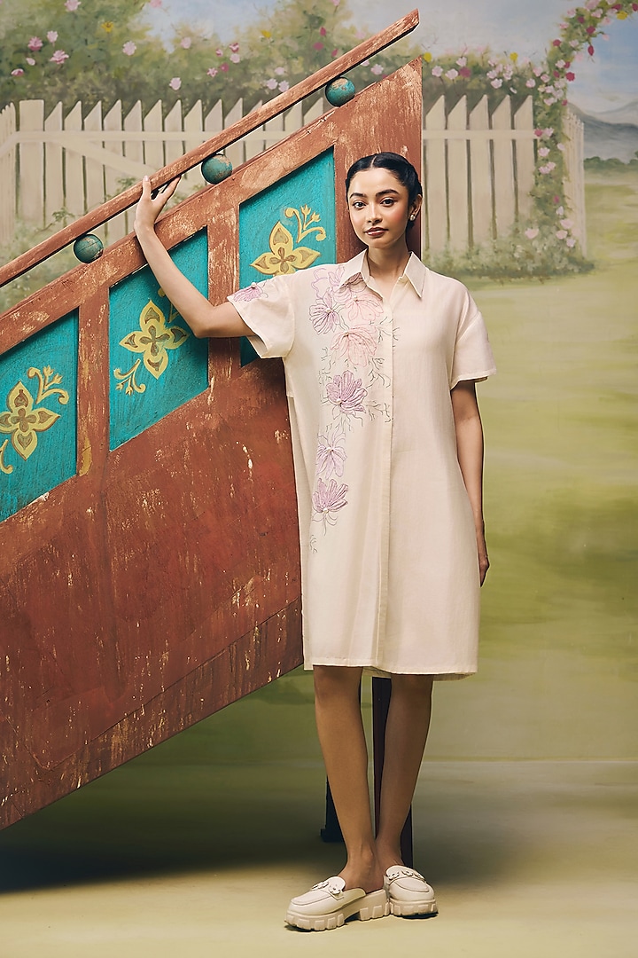 Cream Mul Chanderi Floral Embroidered Summer Shirt Dress by Couche at Pernia's Pop Up Shop