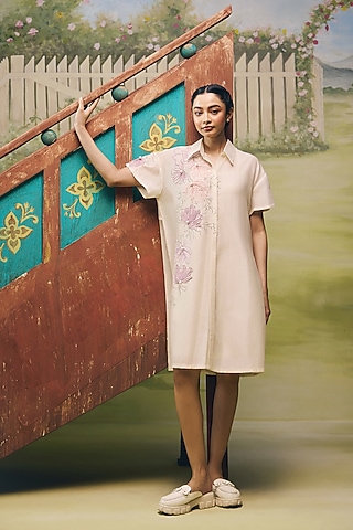 Cream Mul Chanderi Floral Embroidered Shirt Dress by Couche
