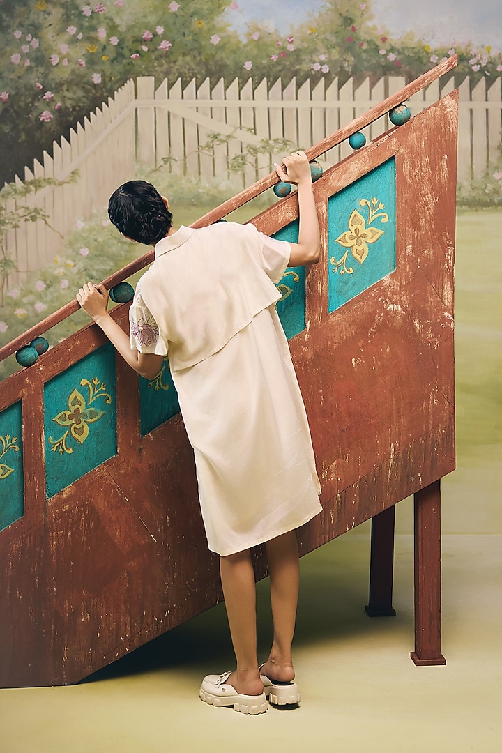 Cream Mul Chanderi Floral Embroidered Summer Shirt Dress by Couche at Pernia's Pop Up Shop