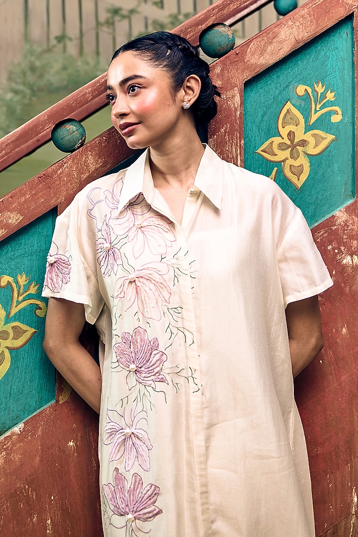 Cream Mul Chanderi Floral Embroidered Summer Shirt Dress by Couche at Pernia's Pop Up Shop