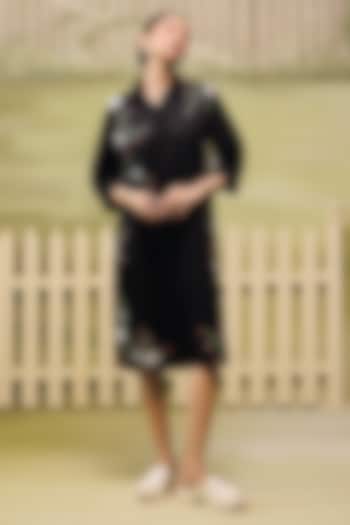 Black Mushroom Satin Floral Patchwork Summer Shirt Dress by Couche at Pernia's Pop Up Shop