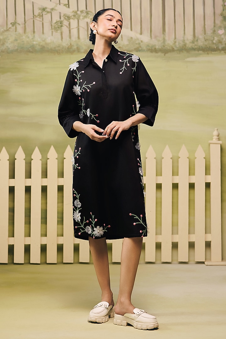 Black Mushroom Satin Floral Patchwork Summer Shirt Dress by Couche at Pernia's Pop Up Shop
