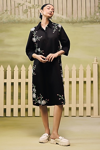 Black Mushroom Satin Floral Patchwork Shirt Dress by Couche
