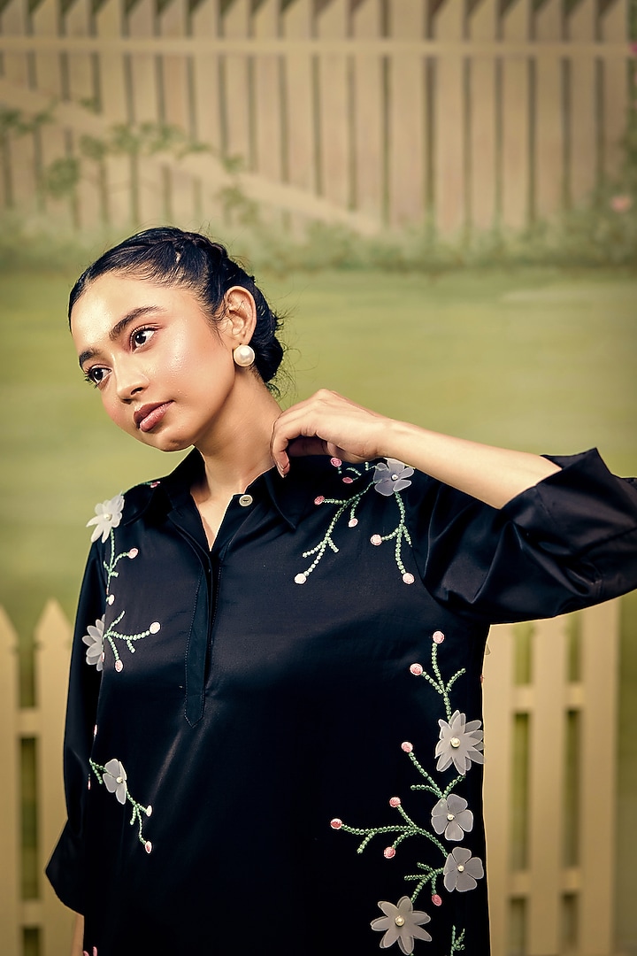 Black Mushroom Satin Floral Patchwork Summer Shirt Dress by Couche at Pernia's Pop Up Shop