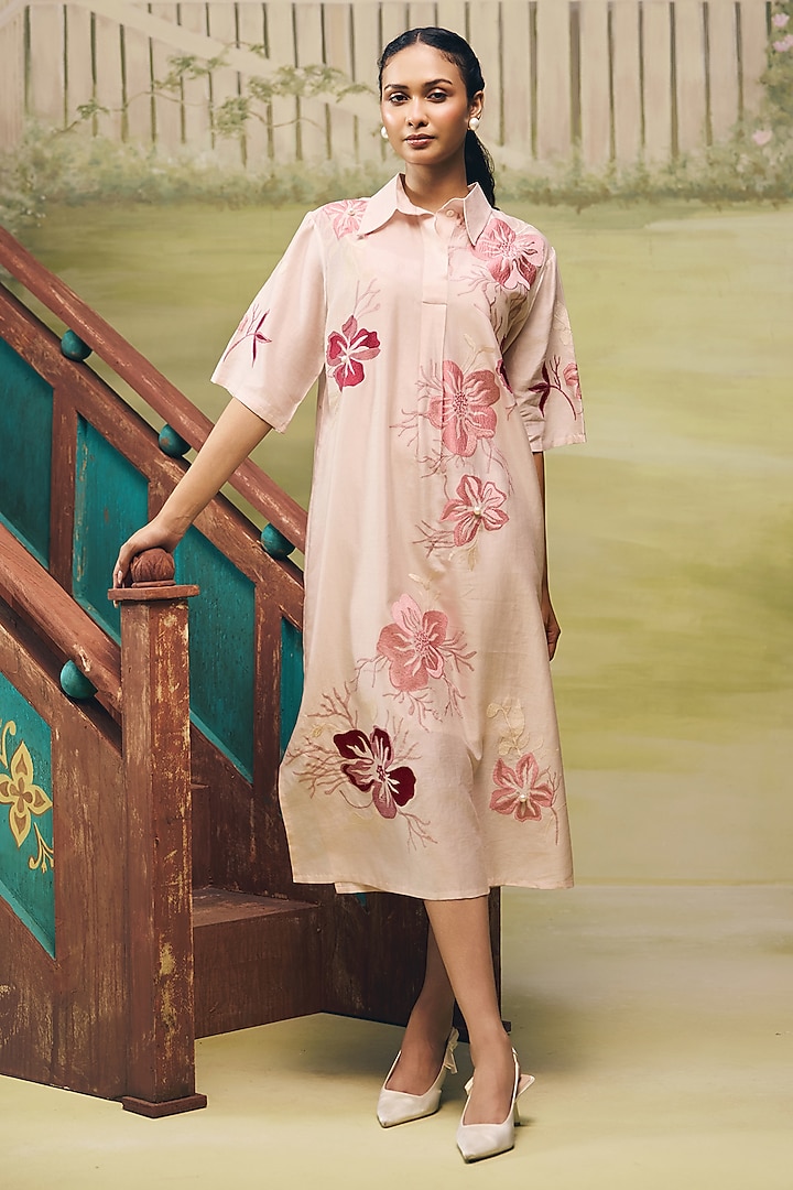 Blush Pink Crepe Thread Embroidered Mini Vacation Shirt Dress by Couche at Pernia's Pop Up Shop