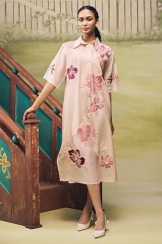 Blush Pink Crepe Thread Embroidered Mini Shirt Dress by Couche