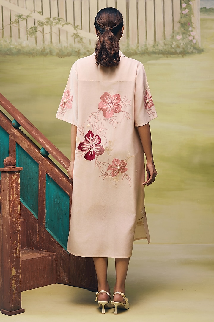 Blush Pink Crepe Thread Embroidered Mini Vacation Shirt Dress by Couche at Pernia's Pop Up Shop