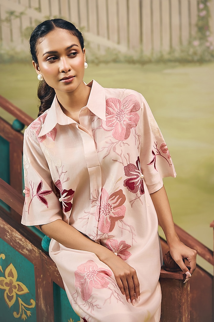 Blush Pink Crepe Thread Embroidered Mini Vacation Shirt Dress by Couche at Pernia's Pop Up Shop