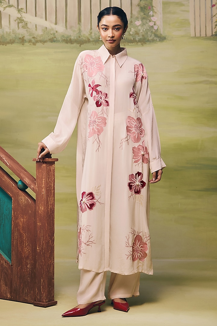 Blush Pink Crepe Floral Embroidered Co-Ord Set by Couche at Pernia's Pop Up Shop